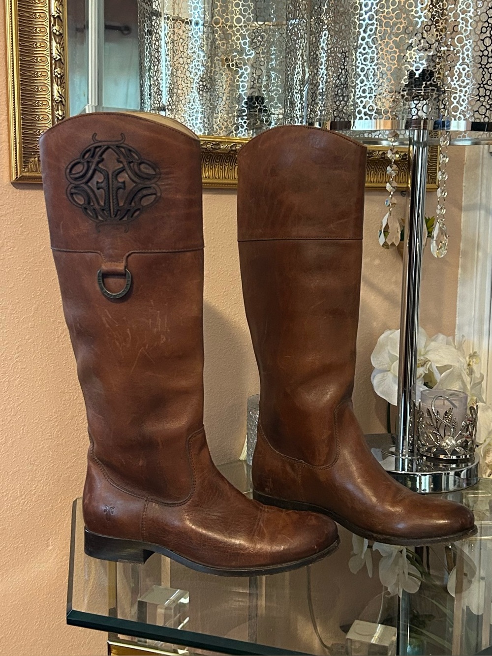 Frye Logo Cognac Leather Tall Riding Boots with Embossed Monogram Size 7.5